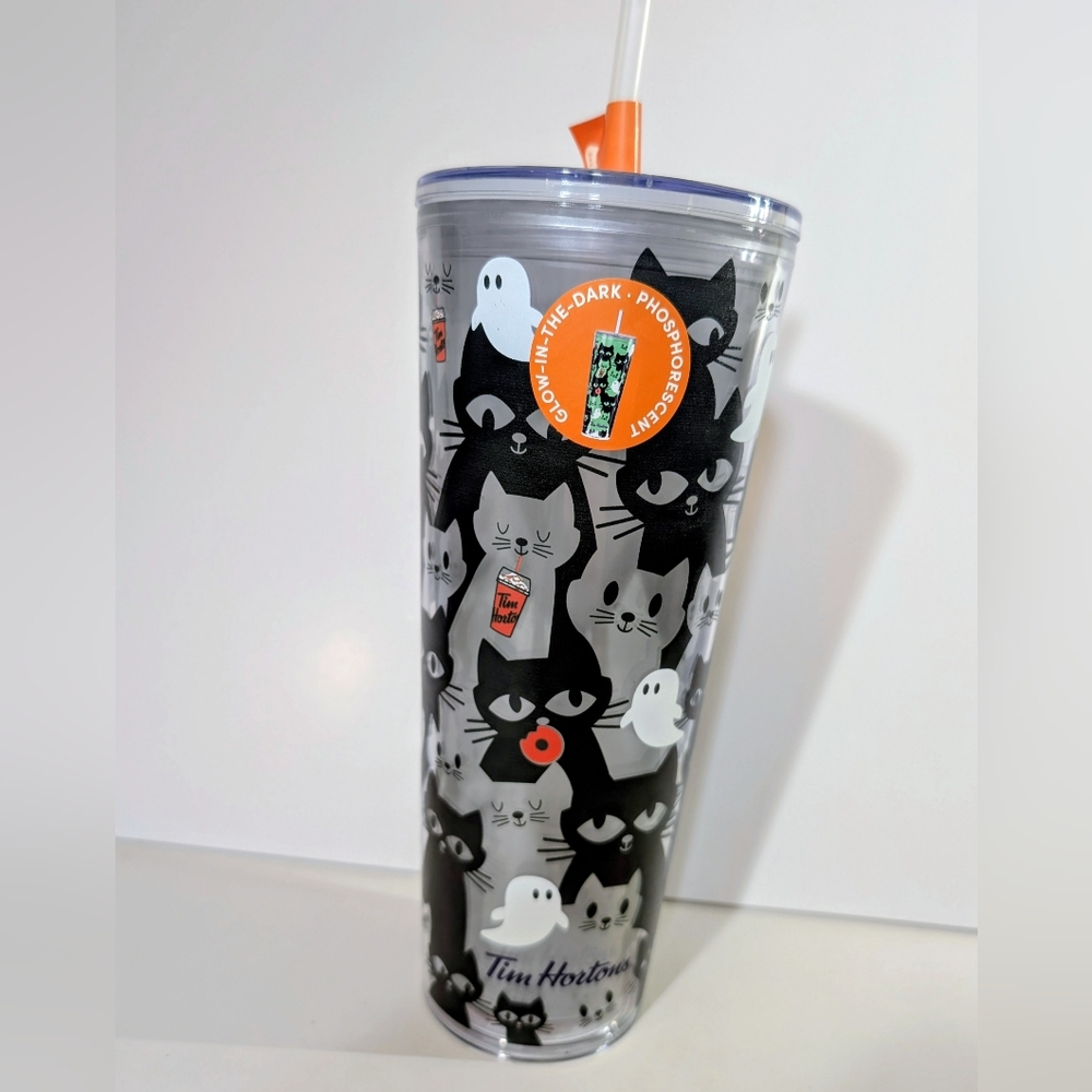 Tim Hortons Limited Edition Glow in the Dark Halloween Cat & Ghost Tumbler NWT